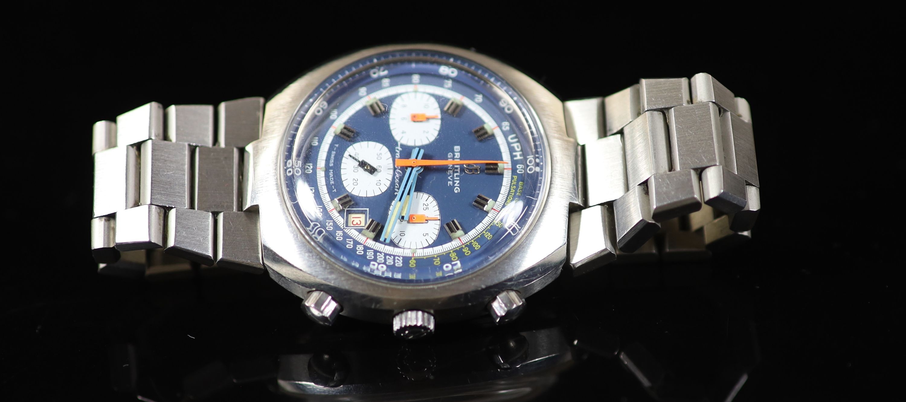 A gentleman's 1970's stainless steel Breitling Transocean chronograph date manual wind wrist watch